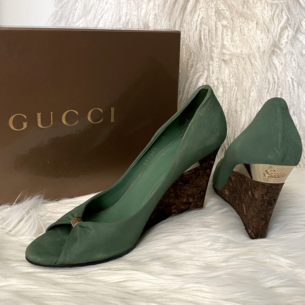 Gucci Green Cork Wedge Pumps